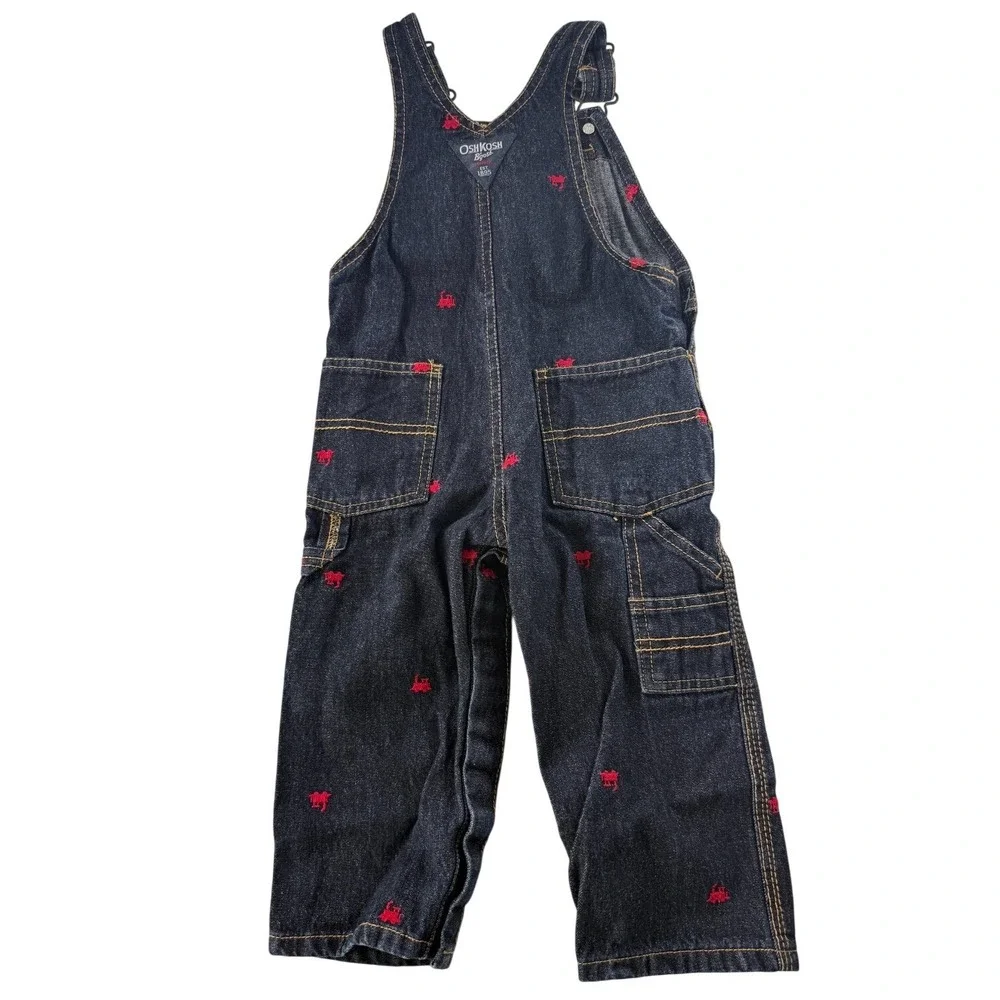 OshKosh‎ B'gosh Kids Denim Vestbak Overalls Red Train Embroidered 18 mos